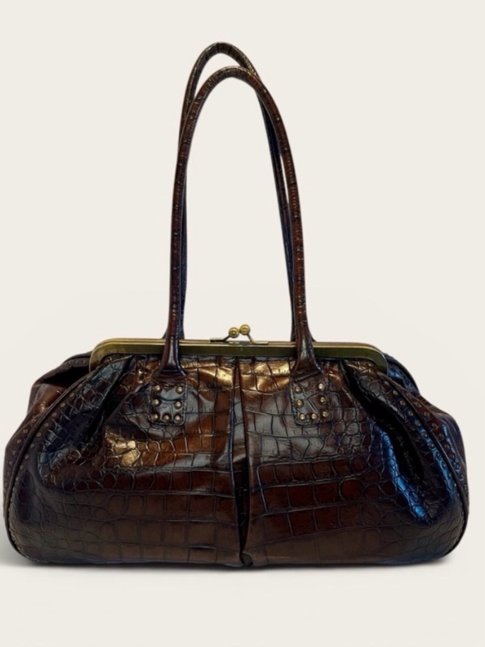 BERGE Genuine Leather Brown Croc Embossed Kiss Lock Satchel Bag Made In Italy